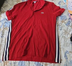Lacoste Red Polo with Navy Stripe Accents